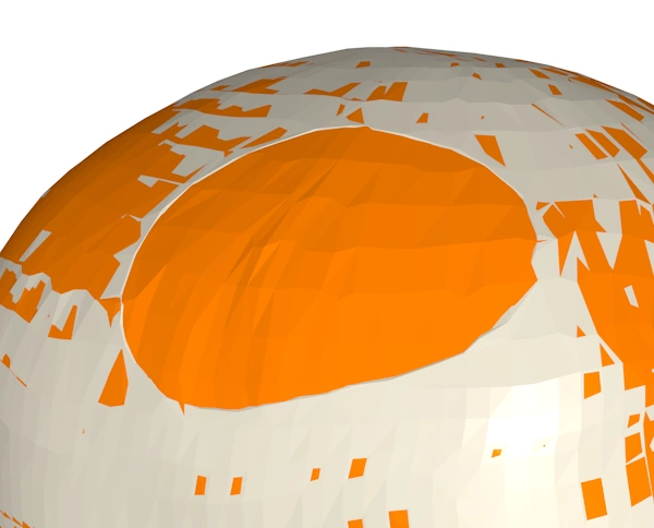 The top of two skull models is shown. The original, in brown, has a large hole in it. The other skull, in orange, is a mirrored version of the first, so the orange region fills the hole.
