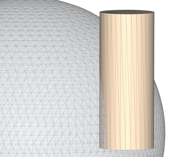 A transparent sphere intersects with a cylinder. The wireframe edges for both are shown.