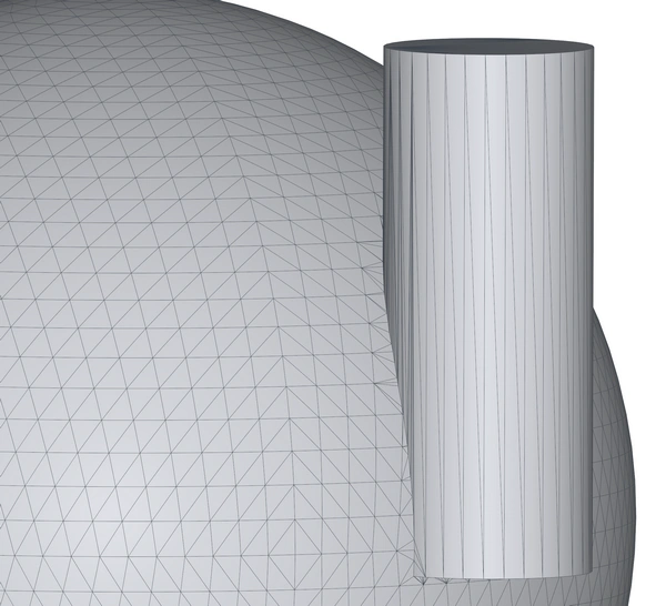 The Boolean union result of uniting the cylinder mesh with the sphere mesh, with edges shown.