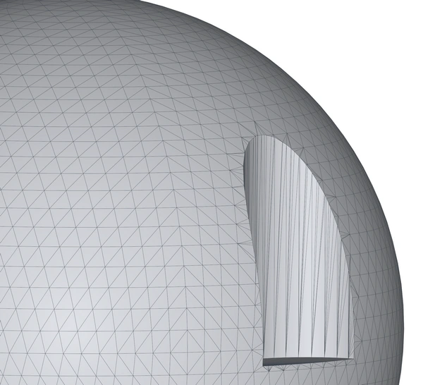The Booelean subtractiion result of subtracting the cylinder mesh from the sphere  mesh, with edges shown.