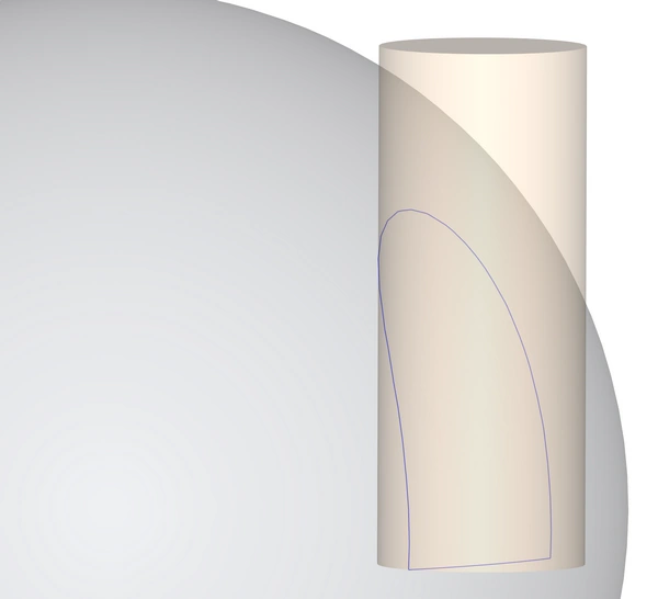 An intersecting mesh sphere and mesh cylinder, both transparent, with a blue line showing the boundary of intersection between the two bodies.