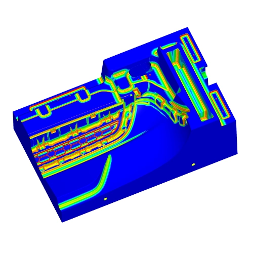 A 3D mesh model of a large area mold. All the surface regions that can be reached with a 20mm cutter are shaded in dark blue. Regions that require smaller cutters are shaded using a colour map, from green to red as the radius decreases