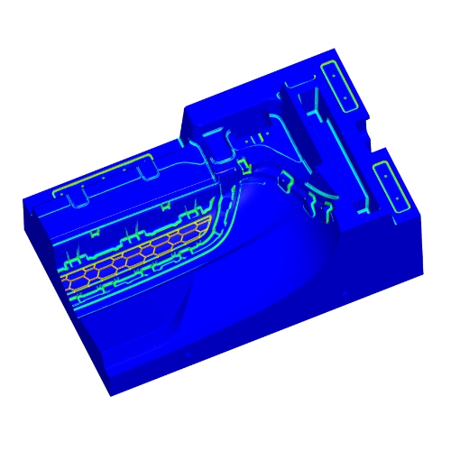 A 3D mesh model of a large area  mold. All the surface regions that can be reached with a 5mm cutter are shaded in dark blue. Regions that require smaller cutters are shaded using a colour map, from green to red as the radius decreases