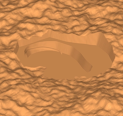 An image of the digital terrain model showing the current state of the open pit mine in the centre.