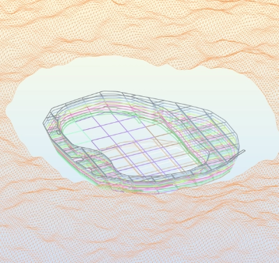 The images shows a stack of 2D profiles in the centre of the open pit, which is not shown. The surrounding terrain is shown, but the mesh surface for the open pit is not, in order that the profiles, which lie below the surface, can be seen.