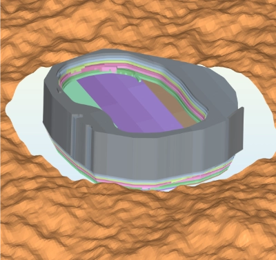 A DTM with the open pit in the centre not shown. A set of coloured solids is shown which are vertical extrusions from the profiles defining the depth and area of each stage of the extraction process.