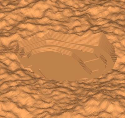 A DTM with an open pit in the centre. The coloured solids have been subtracted from the pit model, so the pit is now deeper than it was previously. 
