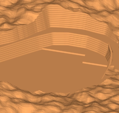 A mesh of an open pit mine, showing the result of the previous Boolean subtraction operation.