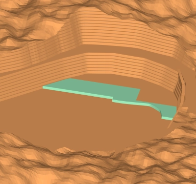 A mesh of an open pit mine, showing a solid of material that is about to be removed using a Boolean subtraction operation.