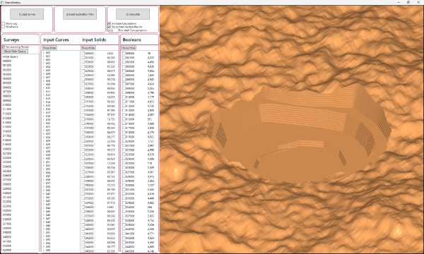 A screenshot of a GUI showing a 3D view of an opencast mine with surrounding terrain. The mine has been excavated further. The GUI lists all the different stages of the mine excavation process, along with the volumes of material that were removed at each step.