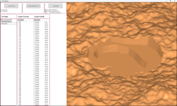 A screenshot of a GUI showing a 3D view of an opencast mine with surrounding terrain.
