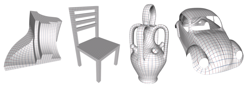 Images of several different models with a grid texture wrapped seamlessly across their surfaces