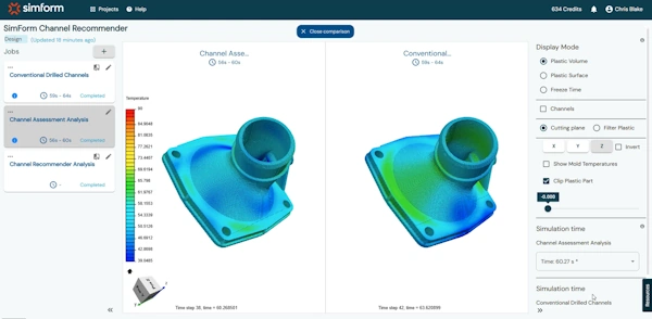 A screenshot of Simform Channel recommender with side-by-side CAE results showing faster cooling with the improved channels