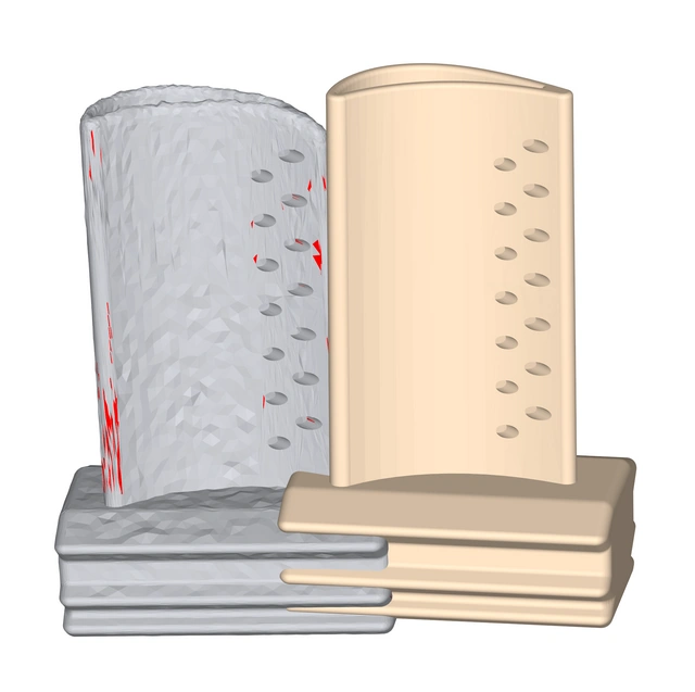 Two models of the same turbine blade, one a scan and one a CAD part, in differenct coordinate spaces. The scan shows some red polygons where there are self-intersections