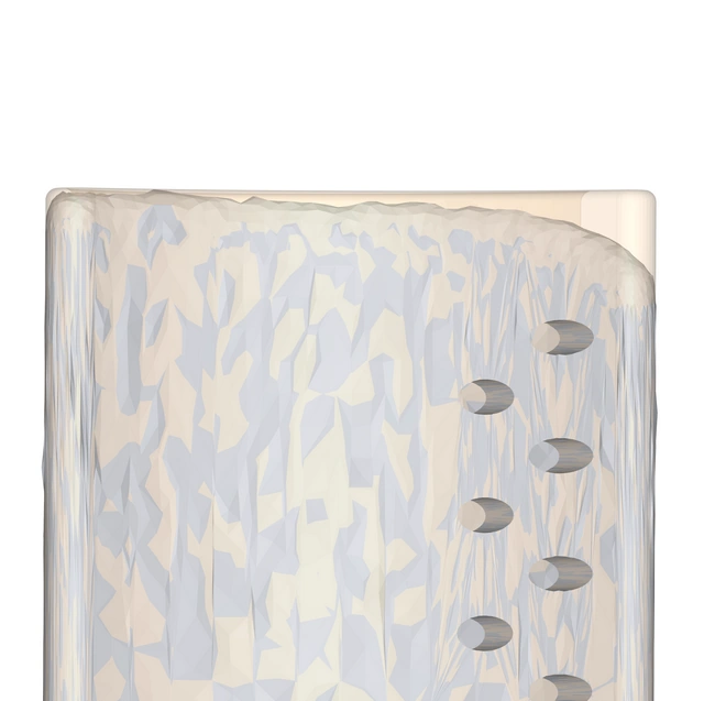 The red polygons have been removed and the two parts have been aligned. The CAD part is transparent so the worn region on the scanned part can be clearly seen.