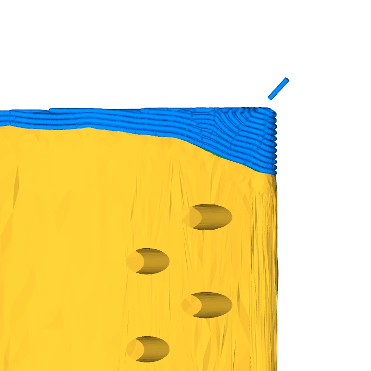 A closeup of a scanned model of a turbine blade with additive material added using a multi-axis path.