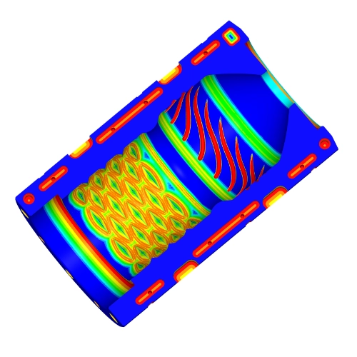 A 3D mesh model of a bottle mold. All the surface regions that can be reached with a 20mm cutter are shaded in dark blue. Regions that require smaller cutters are shaded using a colour map, from green to red as the radius decreases