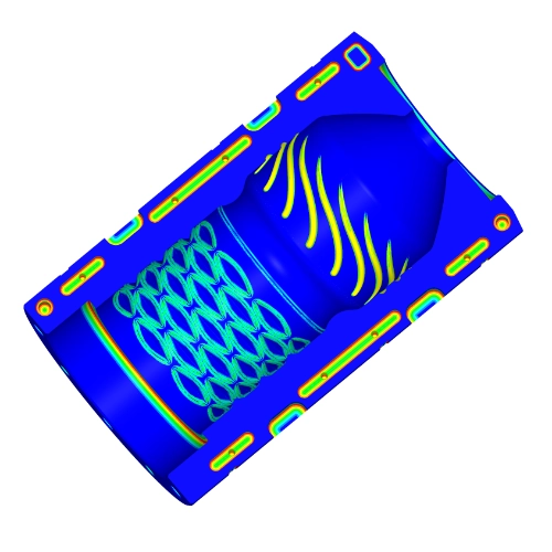 A 3D mesh model of a bottle mold. All the surface regions that can be reached with a 5mm cutter are shaded in dark blue. Regions that require smaller cutters are shaded using a colour map, from green to red as the radius decreases