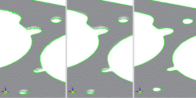 An image shows a mesh from a laser scan with very ragged boundaries. In the middle image the boundaries have been tidied and smoothed. In the right hand image the hanging chads have been removed.