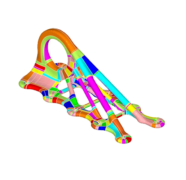 A 3D mesh model of a topology optimised bracket with surface regions bounded by isolines displayed in different colours