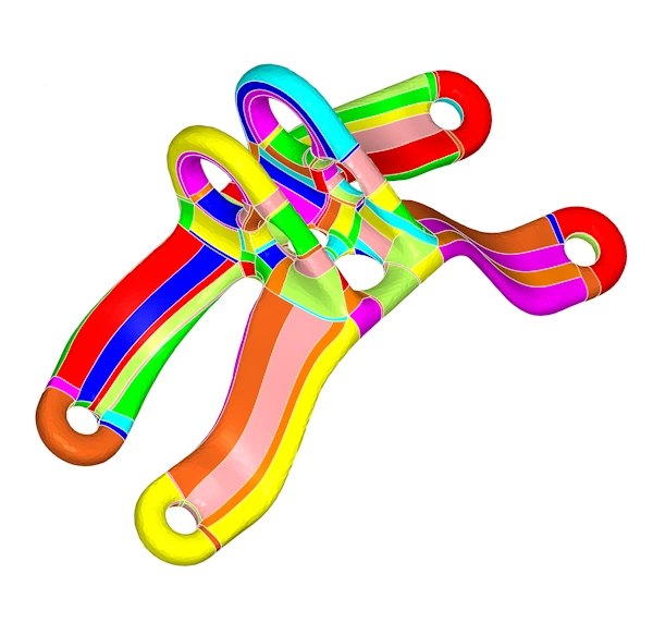 A 3D mesh model of a topology optimised bracket with surface regions bounded by isolines displayed in different colours