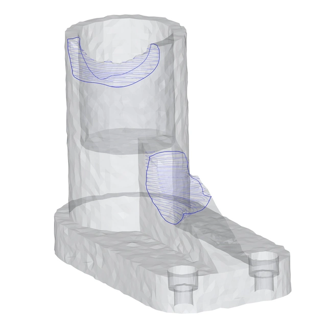 The worn scan part with a polycurve around the scan boundary and a 3-axis milling toolpath to clean the worn region.