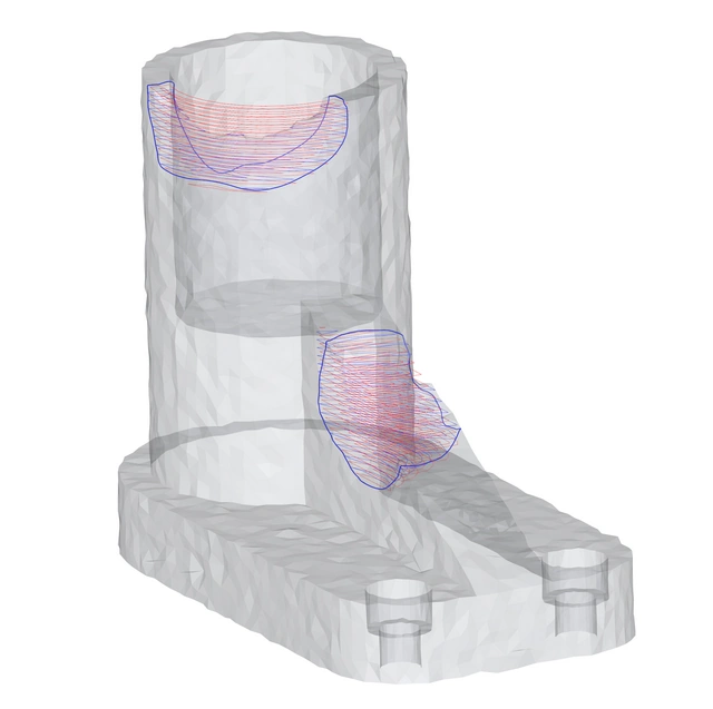 The worn scan part with both multi-axis milling and additive paths required to restore the part