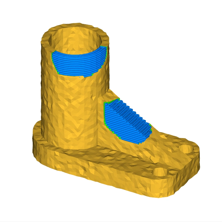 The worn regions have been filled with additive material using a 3-axis path