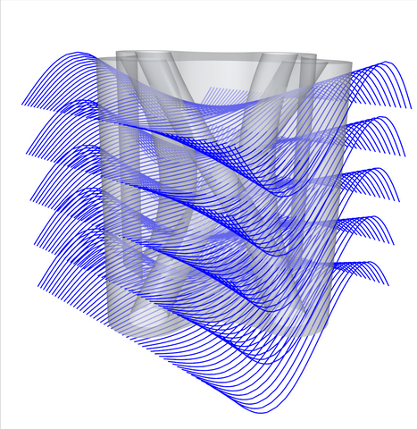 An image of a solid mesh with several tunnels, intersected with multiple sinusoidal curves.