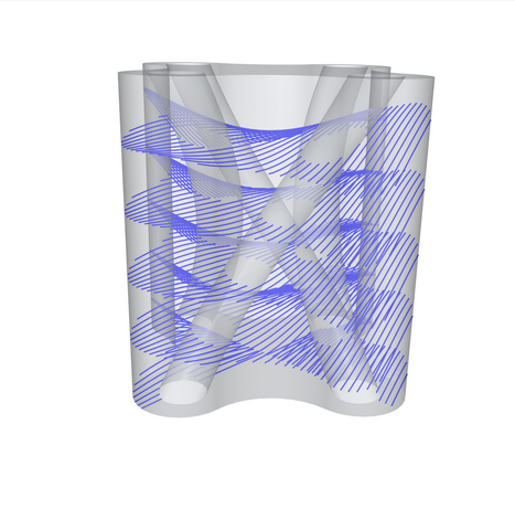 The same solid with the curves clipped to the inside of the solid by a Boolean intersection operation.
