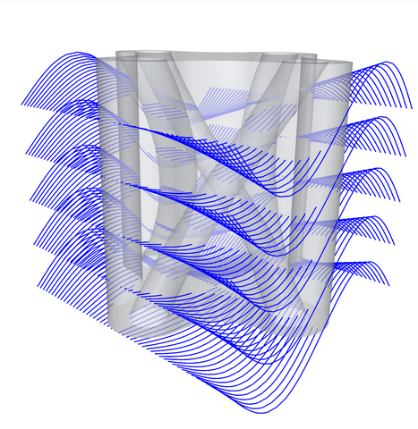 The same solid with a gap in the curves, where the solid has been subtracted from the curves by a Boolean subtraction.