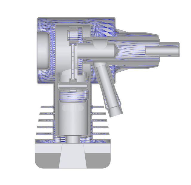 A complex drill assembly, hollowed out, with the interior filled with clipped curves.