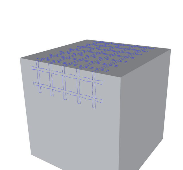 The polyline pattern has been wrapped onto the surface of the cube. It extends across the top and two sides.
