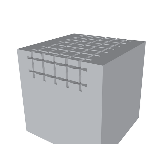 The pattern has been engraved onto the surfaces of the cube. The engraving has been correctly performed on top and side faces, including where the engraved regions on different faces overlap.
