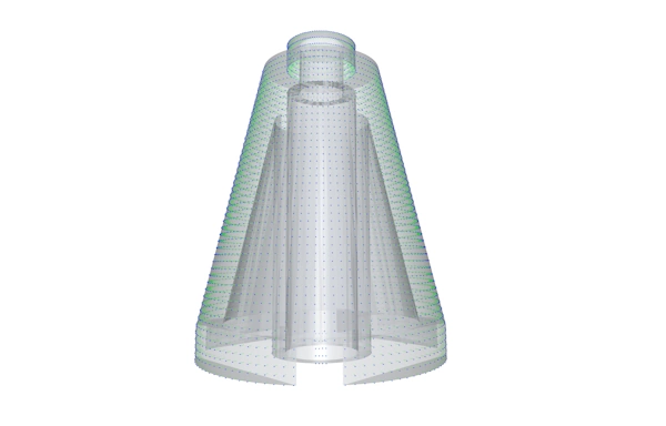 A transparent image of very simplified 3D mesh model of a rocket engine. The surface of the engine has green lines with blue tips reprsenting a fairly uniform vector deformation field