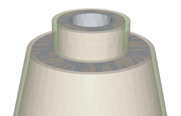 A zoomed in version of the simplified 3D mesh model of the engine. The original engine is transparent, and so the smaller, deformed model, can be seen inside it.