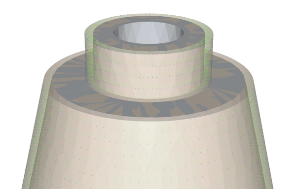 A zoomed in version of the simplified 3D mesh model of the engine. The original engine is transparent, and so the smaller, deformed model, can be seen inside it.