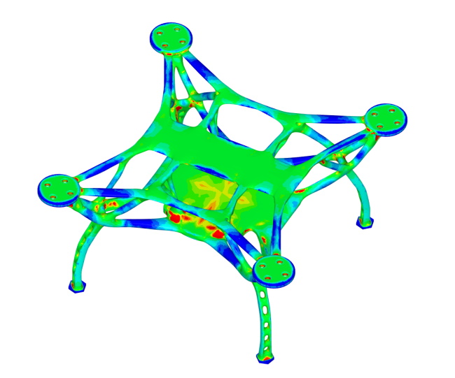 Coloured heatmap display of topology optimized quadcopter model.