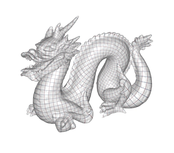 A 3D mesh model of a dragon. The model has a grid texture wrapped onto it. The squares on the grid follow the curvature of the model and are uniformly sized with low distortion. Some seams are visible but not many.