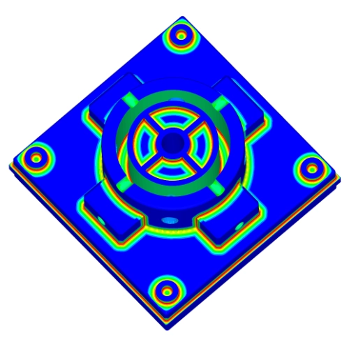 A 3D mesh model of a CAD Part. All the surface regions that can be reached with a 15mm cutter are shaded in dark blue. Regions that require smaller cutters are shaded using a colour map, from green to red as the radius decreases