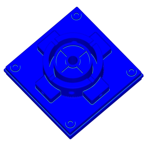 A 3D mesh model of a CAD Part. All the surface regions that can be reached with a 1.5mm cutter are shaded in dark blue. Regions that require smaller cutters are shaded using a colour map, from green to red as the radius decreases