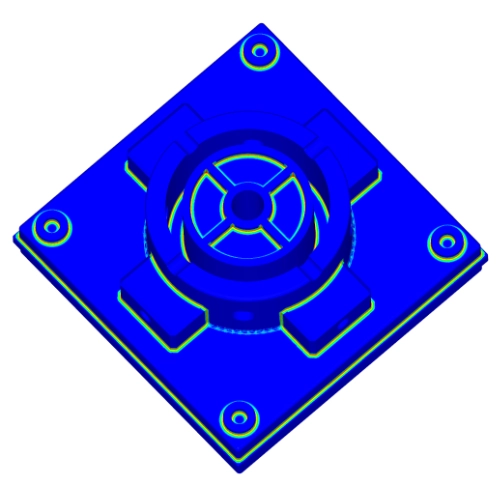 A 3D mesh model of a CAD Part. All the surface regions that can be reached with a 5mm cutter are shaded in dark blue. Regions that require smaller cutters are shaded using a colour map, from green to red as the radius decreases