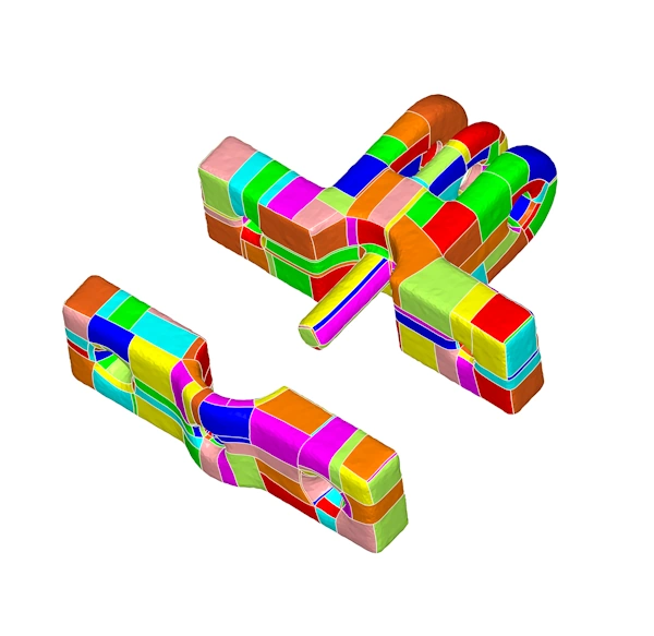 A 3D mesh model of a scanned part surface regions bounded by isolines displayed in different colours
