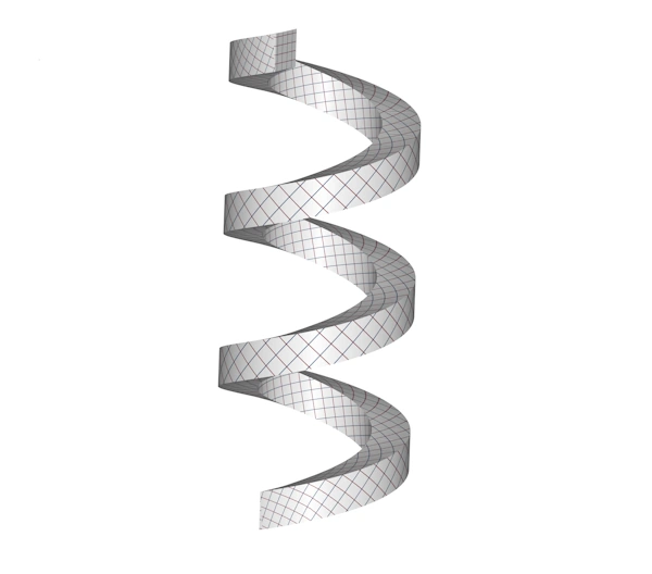 A 3D mesh model of a vertical spiral, with a grid texture wrapped onto it. The squares on the grid follow the curvature of the spiral and are uniformly sized with low distortion.