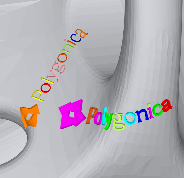 A mesh model with surfaces of varying curvature, on which the text Polygonica has been both engraved and embossed. The text is highlighted with a different colour for each letter.