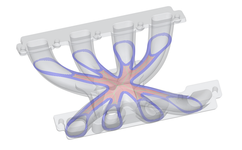 A transparent image of an engine manifold with a single layer of hatch and infill highlighted.