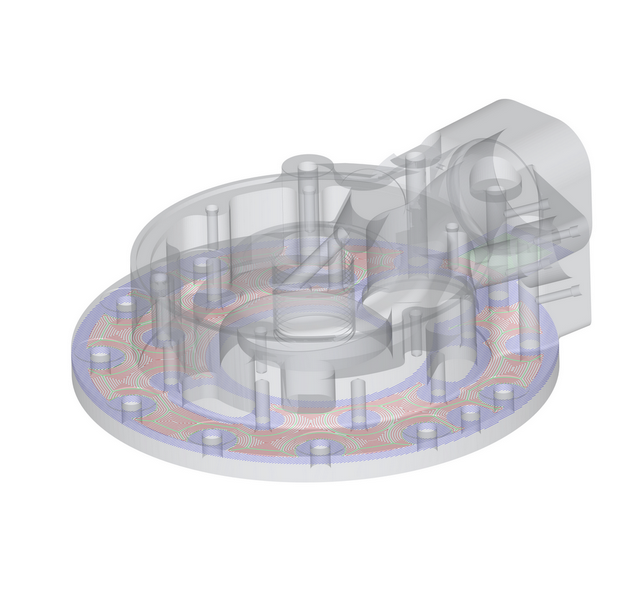 A transparent image of a mechanical part with a single layer of hatch and infill highlighted.