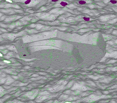 A terrain mesh from a simulated laser scan, with many mesh errors shown in different colours