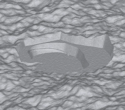 A terrain mesh from a simulated laser scan, with vertex noise making the surface rougher than it should be.