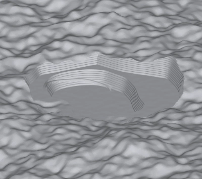 A terrain mesh from a simulated laser scan, with vertex removed so the surface is much smoother and cleaner than previously.